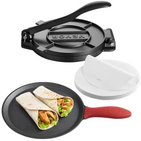 Tortilla Press, 10 Inch Cast Iron Tortilla and Roti Maker, Heavy Duty Tortilladora Press, Pataconera Makers with Handle and 100 Pcs Parchment Paper