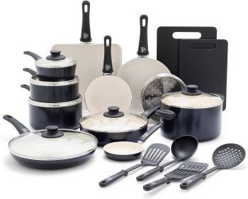 Soft Grip Healthy Ceramic Nonstick 23 Piece Kitchen Cookware Pots and Frying Sauce Saute Pans Set with Kitchen Utensils, PFAS-Free, Dishwasher Safe