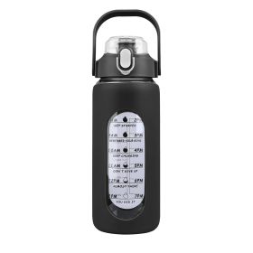 64Oz Glass Water Bottle Sports Water Bottle Motivational Water Bottle Water Intake Tracker Bottle with Straw Time Marker Silicone Sleeve Handle f (Color: Black, size: 64oz)