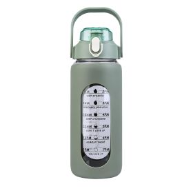 64Oz Glass Water Bottle Sports Water Bottle Motivational Water Bottle Water Intake Tracker Bottle with Straw Time Marker Silicone Sleeve Handle f (Color: Green, size: 64oz)